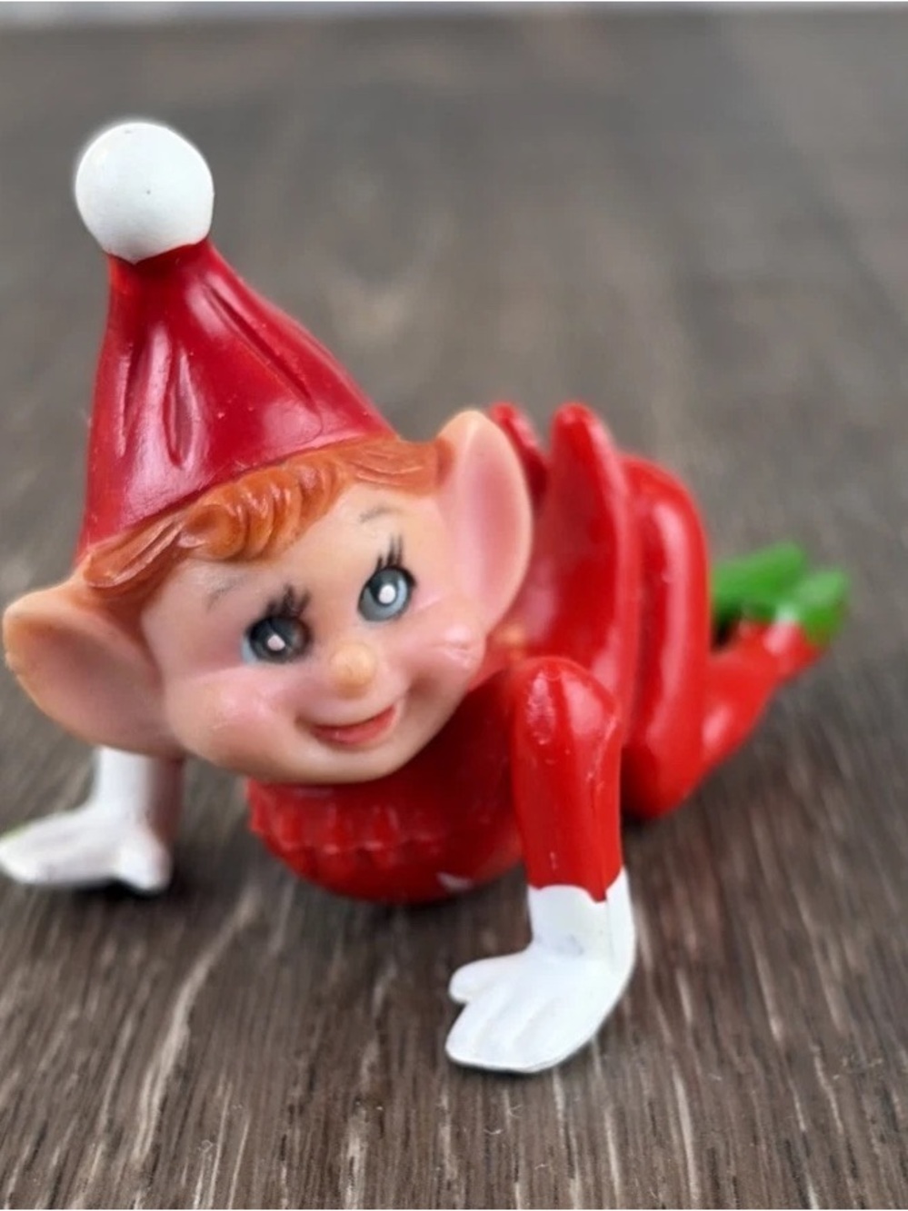 Vintage MCM Crawling Pixie Elf Gnome 3" Long Red Rubber Christmas Shelf Sitter
